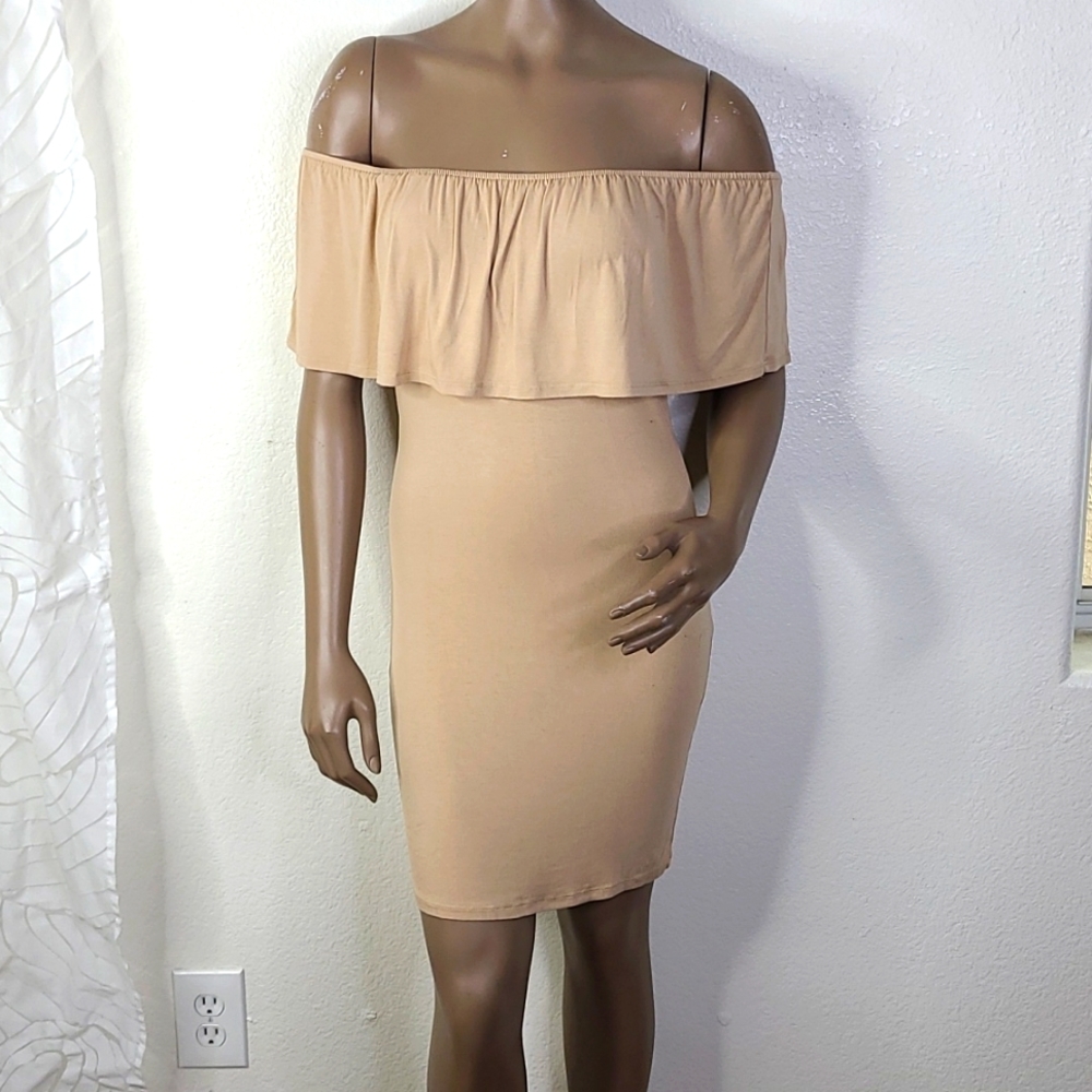 Bodycon Dress Size Medium Tan Beige Sexy Off Shoulder Ruffle Top Cruise Vacation